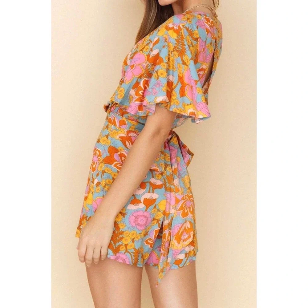 Retro Floral V-Neck‎ Romper Small Blue Orange Pink 70s Style Flutter Sleeves Tie